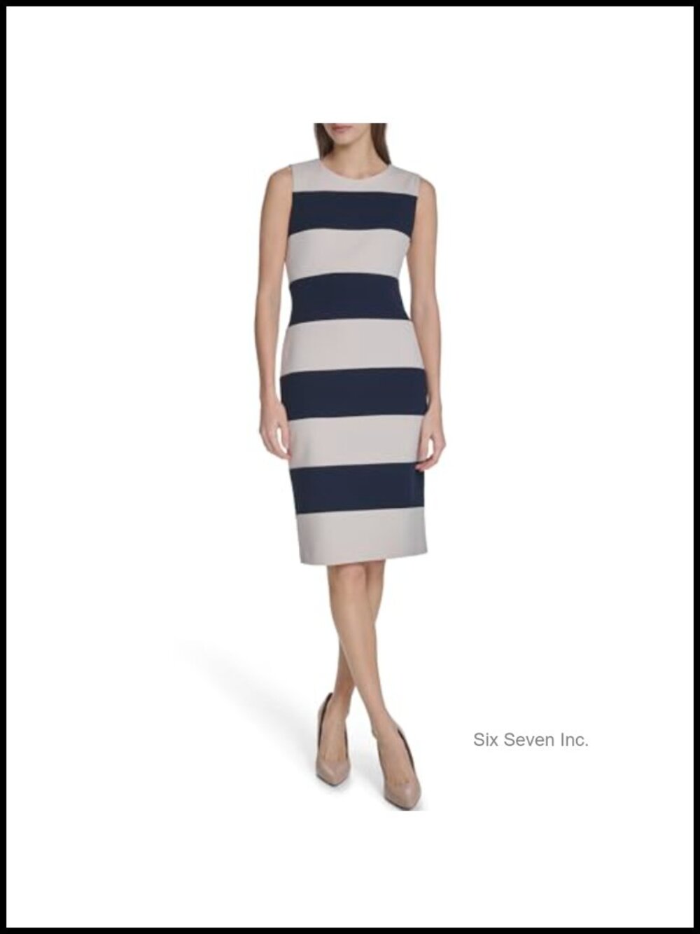 Sleeveless Round Neck Striped Scuba Crepe Sheath Dress